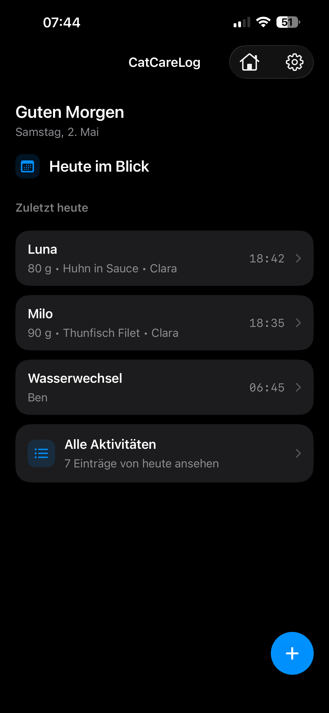 Home-Übersicht mit den letzten Fütterungen pro Katze