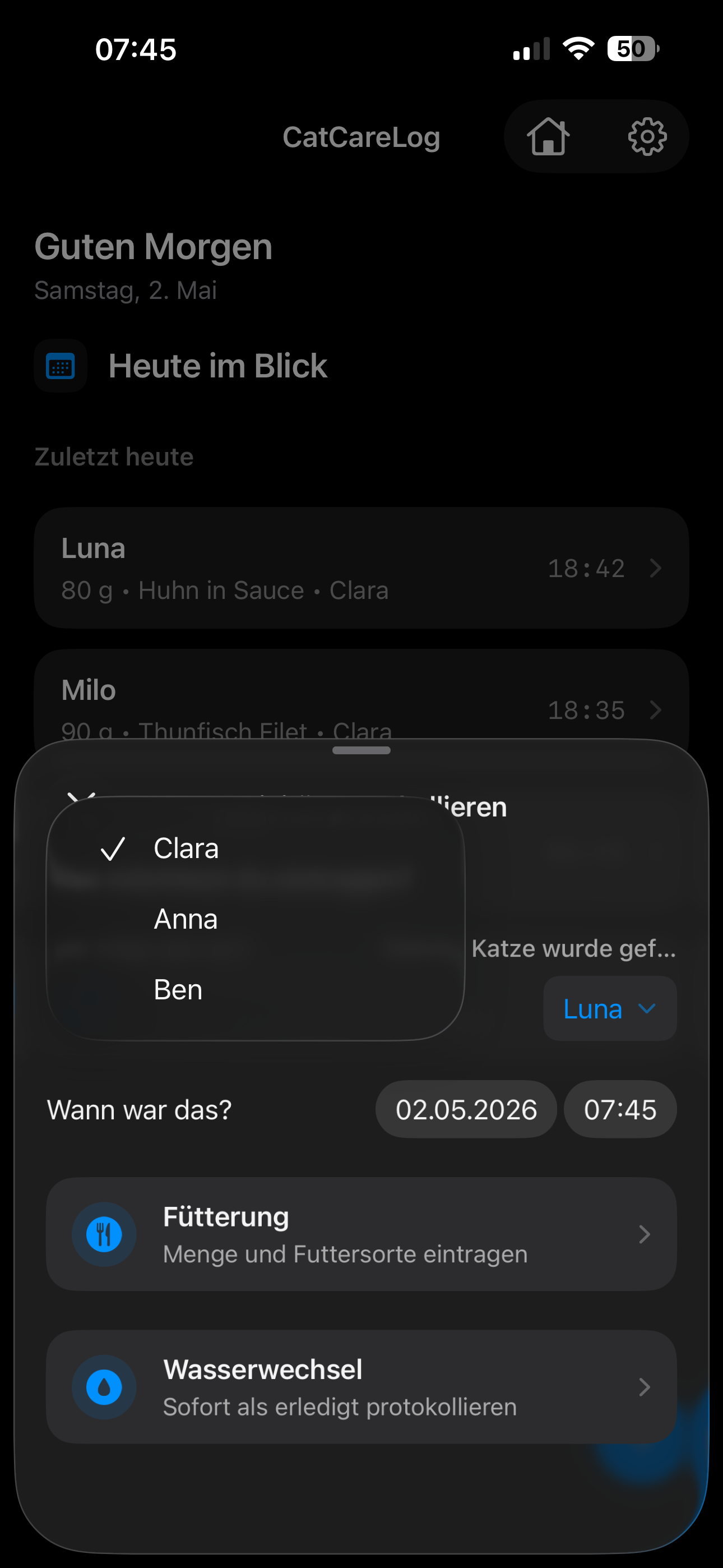 Schnelles Erfassen einer Fütterung auf dem iPhone