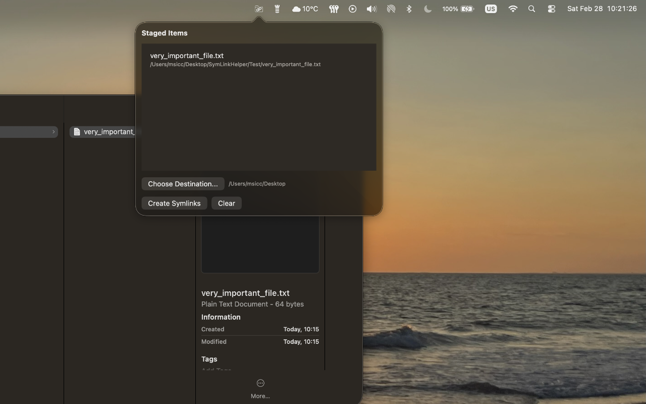 App interface confirming the successful creation of a symbolic link